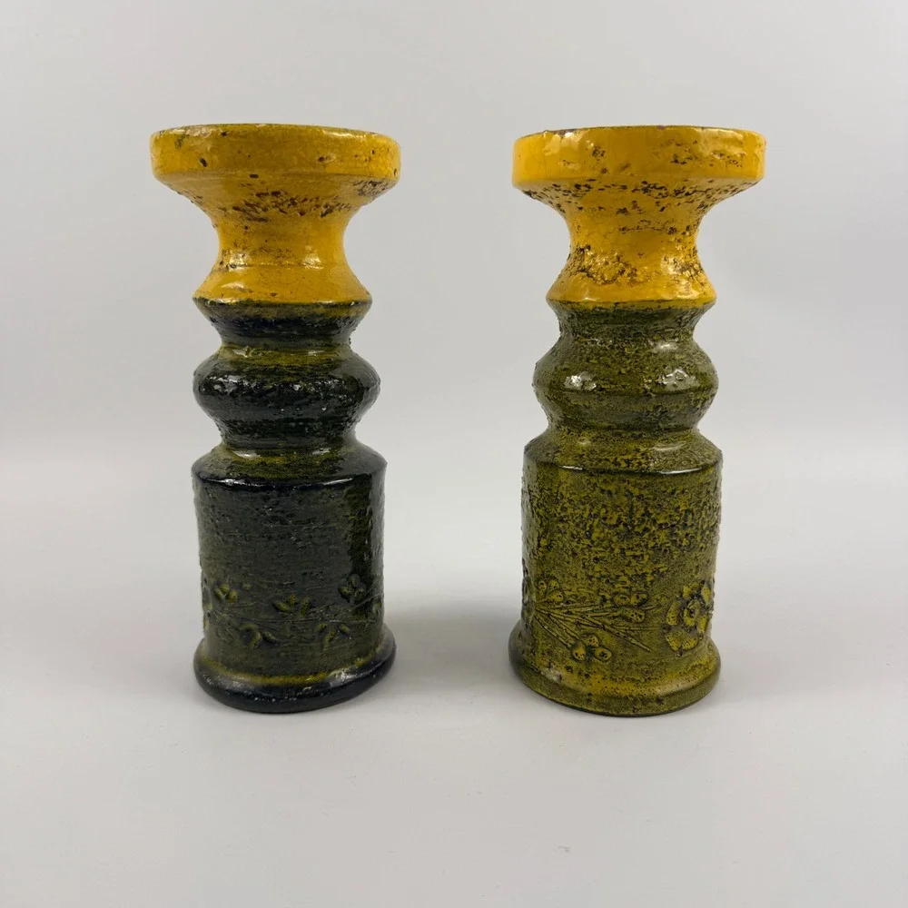 Bitossi Rosenthal Netter Italian Pottery Candle Holders Green Yellow Pair